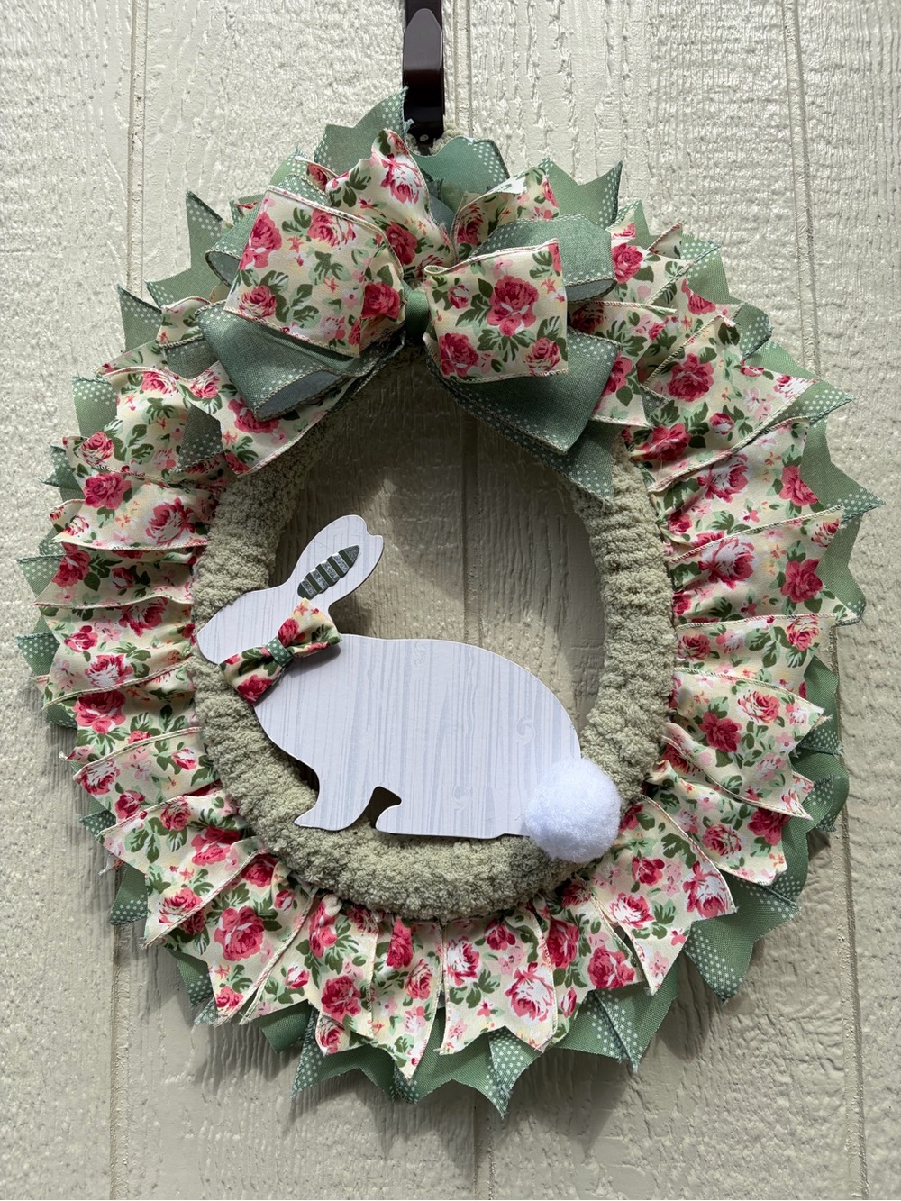Floral Bunny Easter Wreath - Green and Pink Holiday Door Decor